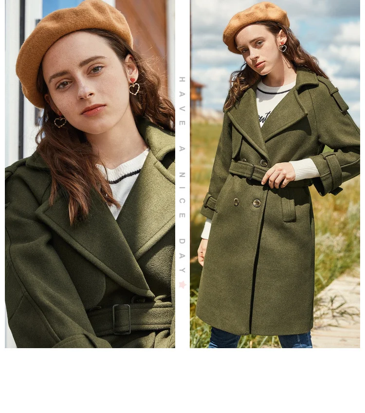 SEMIR женское двубортное пальто с ремешком с пряжкой, Женское шерстяное пальто с косым карманом, атласная подкладка, ремень с пряжкой на манжете