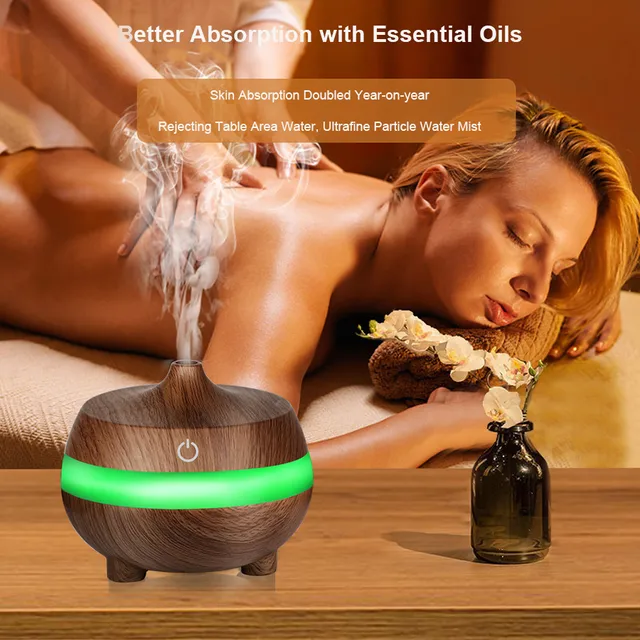 300ML Wooden Grain Air Humidifier USB Aromatherapy Diffuser Ultrasonic with 7 Color LED Lights Essential Oil Aroma Diffuser