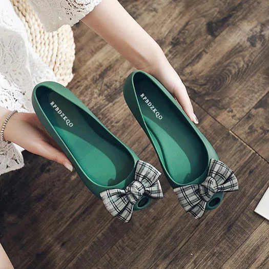 bow blue gray cute large size slip on jelly china green peep toe flats pink plaid women dress shoes ladies party japanese - Цвет: Зеленый
