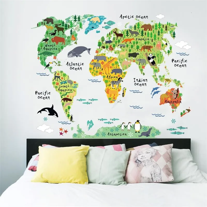 Мультяшные животные, Карта мира, наклейки на стену для детской комнаты, украшения сафари, Фреска, художественный зоопарк, детские наклейки для дома, Детские плакаты