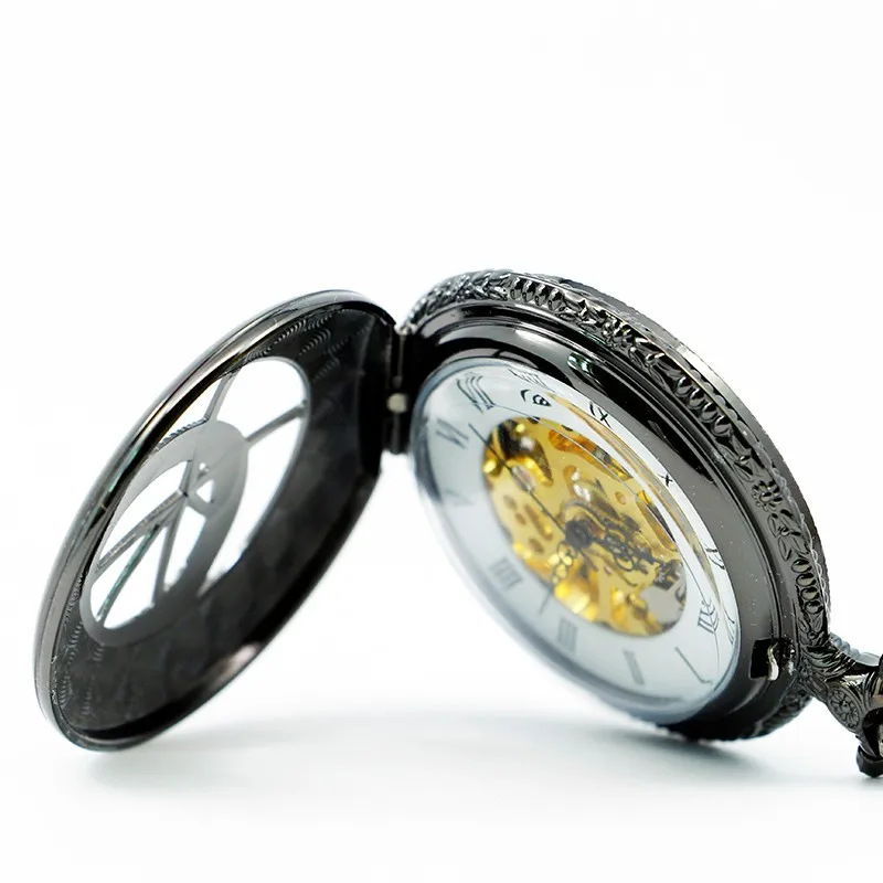 Механический ручной взвод черный карманные часы стимпанк римскими цифрами Сталь fob Часы pjx1243