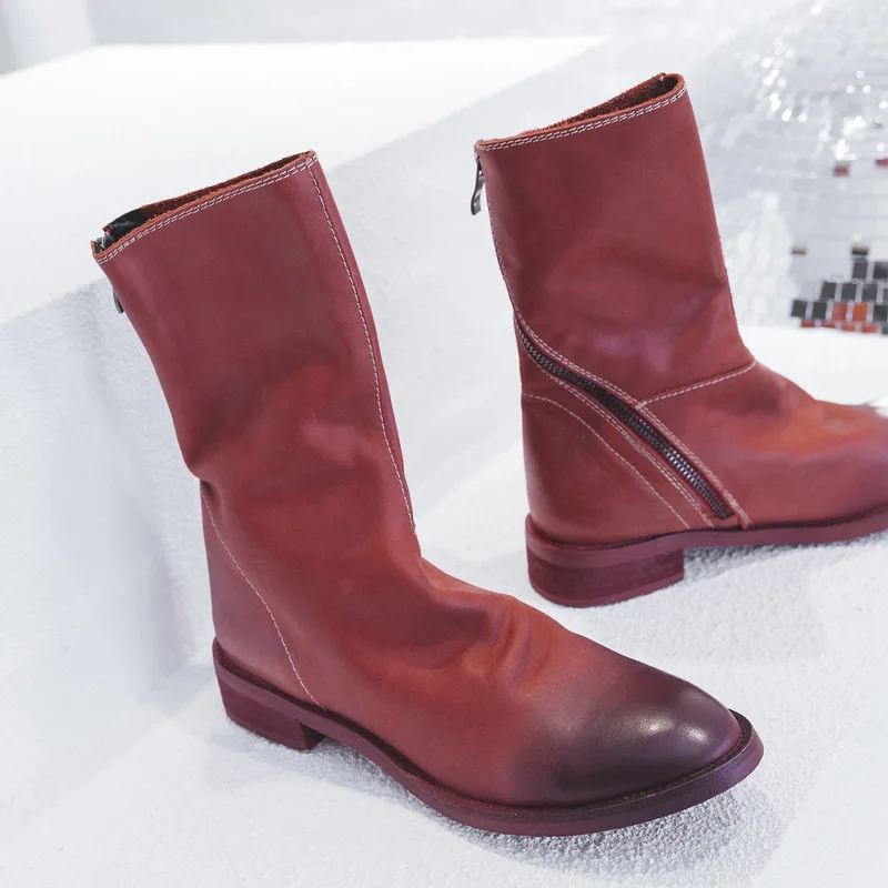 Новинка года; сезон осень-зима; Модные женские ботильоны из натуральной кожи; Ботинки martin с круглым носком на молнии; пикантная женская обувь на плоской подошве - Цвет: red
