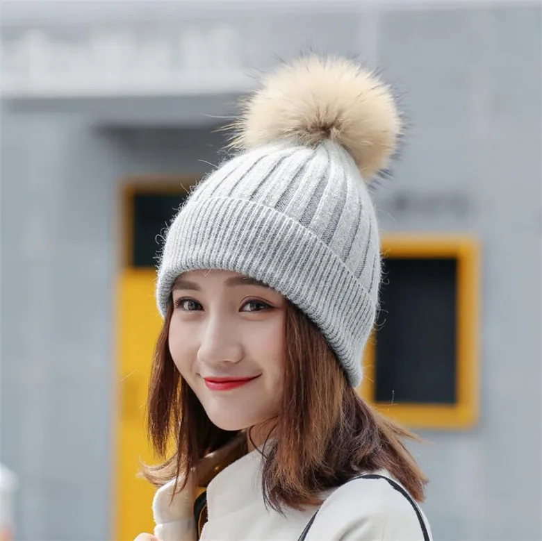 M185 Light Gray VIIANLES Pom Skullies Poms Winter Beanies Thick Warm Cap For Women Girl's Hat Knitted Beanies New Female High Quality Knit Hats - Цвет: M185 Light Gray