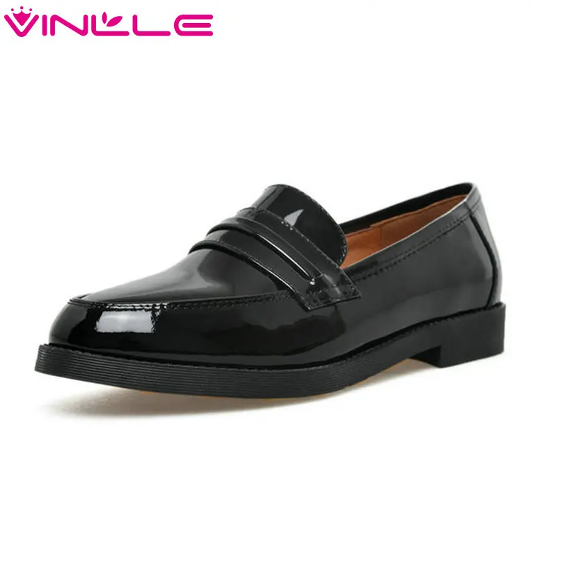 

VINLLE 2018 Women Pumps Square Low Heel Round Toe Genuine Patent Leather Slip On Platform Black Ladies Wedding Shoes Size 34-40