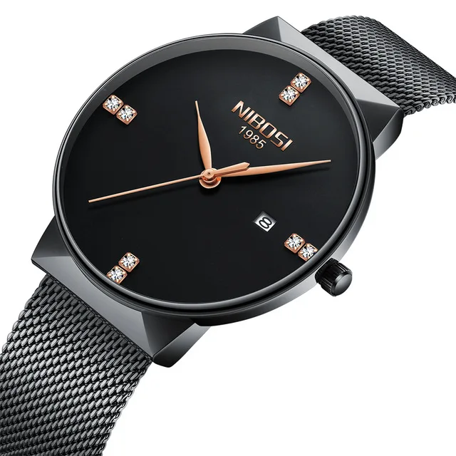 

NIBOSI Men Simple Fashion Calendar Watches Crystal Diamonds Analog Watch Mesh Steel Belt Dress Quartz Wrist Watch