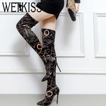 

WETKISS 2018 Latest Sexy Lady Thigh High Boot Colored Stretch Woman Over Knee Boot Stilettos High Heels Shoes Women Pointy Boot