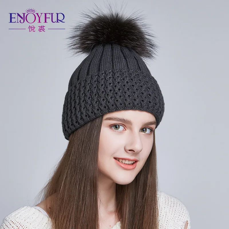 Женские шапки с меховым помпоном ENJOYFUR, шапки с помпоном из натурального меха енота или лисы, для осени и зимы - Цвет: 03C