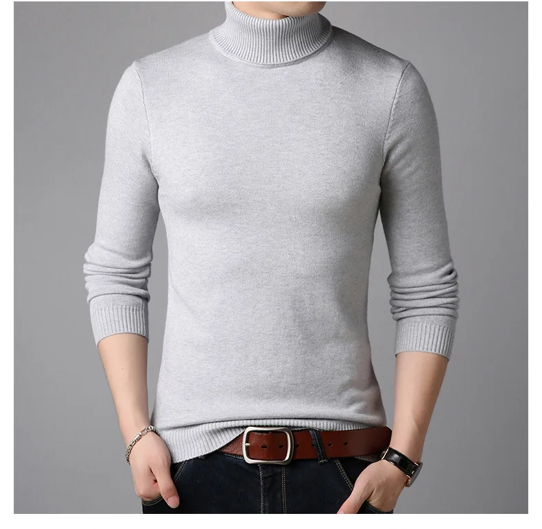 Осень Зима Водолазка Теплые кашемировые свитера мужские Slim Fit пуловеры свитера мужские классические трикотажные Pull Homme одежда - Цвет: Светло-серый