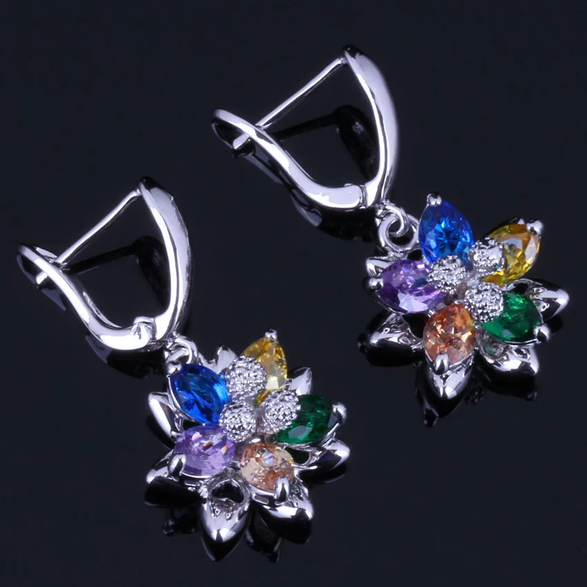 

Cute Flower Multigem Multicolor Yellow Cubic Zirconia 925 Sterling Silver Drop Dangle Earrings For Women V0755