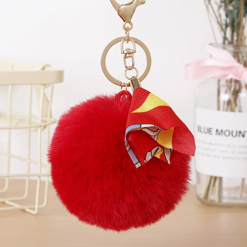 

2018 Creative Ribbon Camellia Keychain Fluffy Rabbit Fur Ball Keychain For Women Pompom Bunny Fur Key Ring Bag Car Key Holder