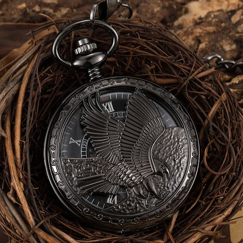 Стимпанк Черный Механические карманные часы большой орел Винтаж Скелет карман и брелок часы Для мужчин женские полые кулон часы коробка