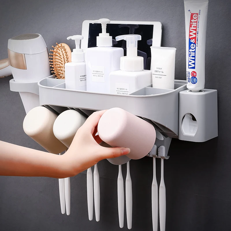 

Multi-function Wall mounted toothbrush rack wash set with automatic squeezing toothpaste dryer frame