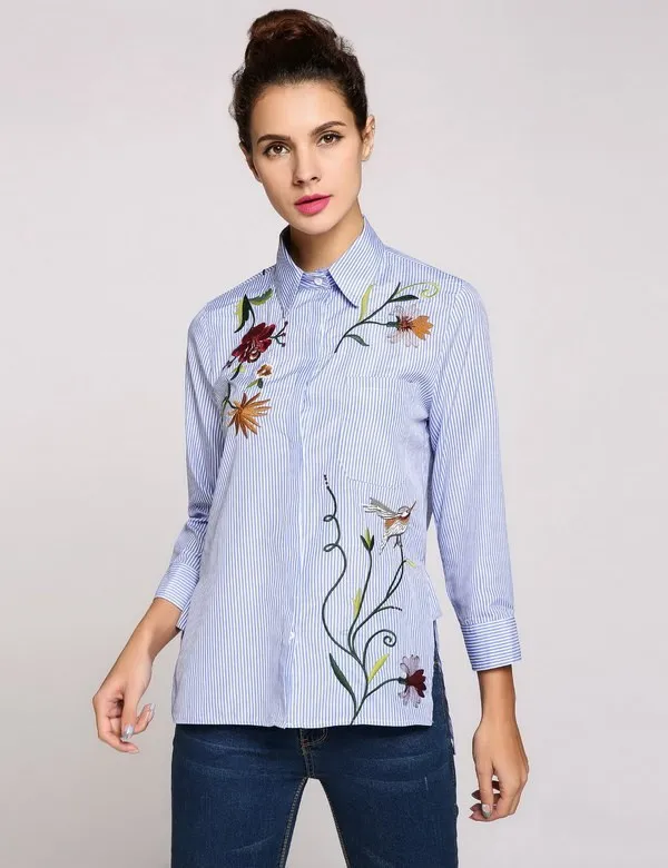 Новинка 2017 года цветочный Вышивка Высокий Низкий Подол длинный рукав пуговицы