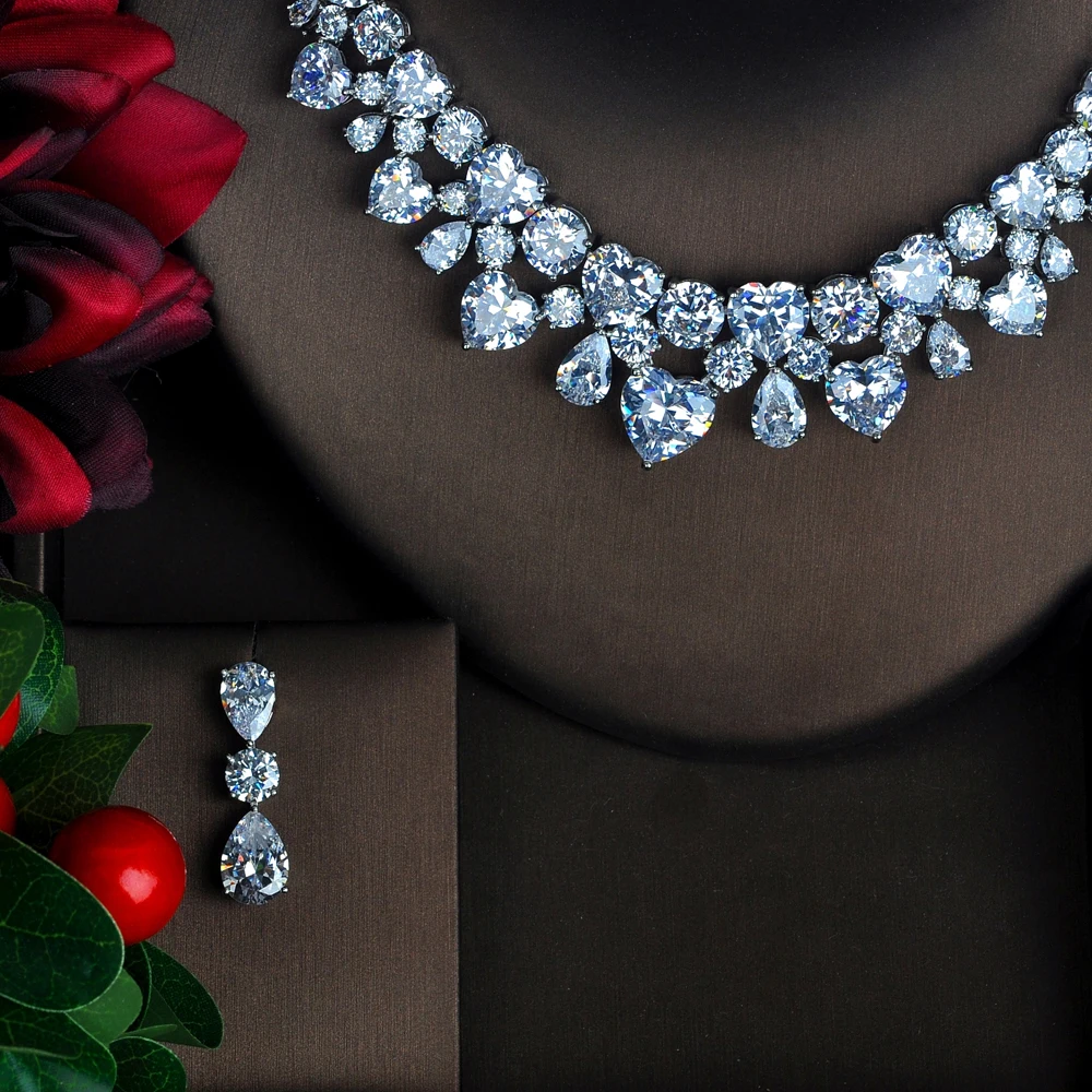HIBRIDE в форме сердца кристалл, свадьба, для новобрачных ювелирных изделий наборы серебряного цвета Высокое качество кубическое циркониевое свадебное Ювелирное Украшение ожерелье набор N-575