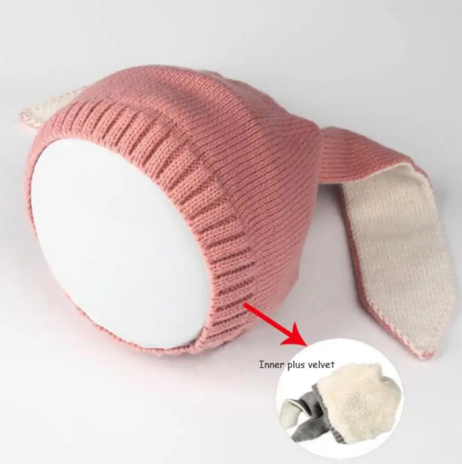 Plus velvet pink Хлопок на осень и зиму детская шапка для младенцев Детские уши кролика шапка вязанные шапки для детей Детские Банни шапочка Шапки Подставки для фотографий - Цвет: Plus velvet pink