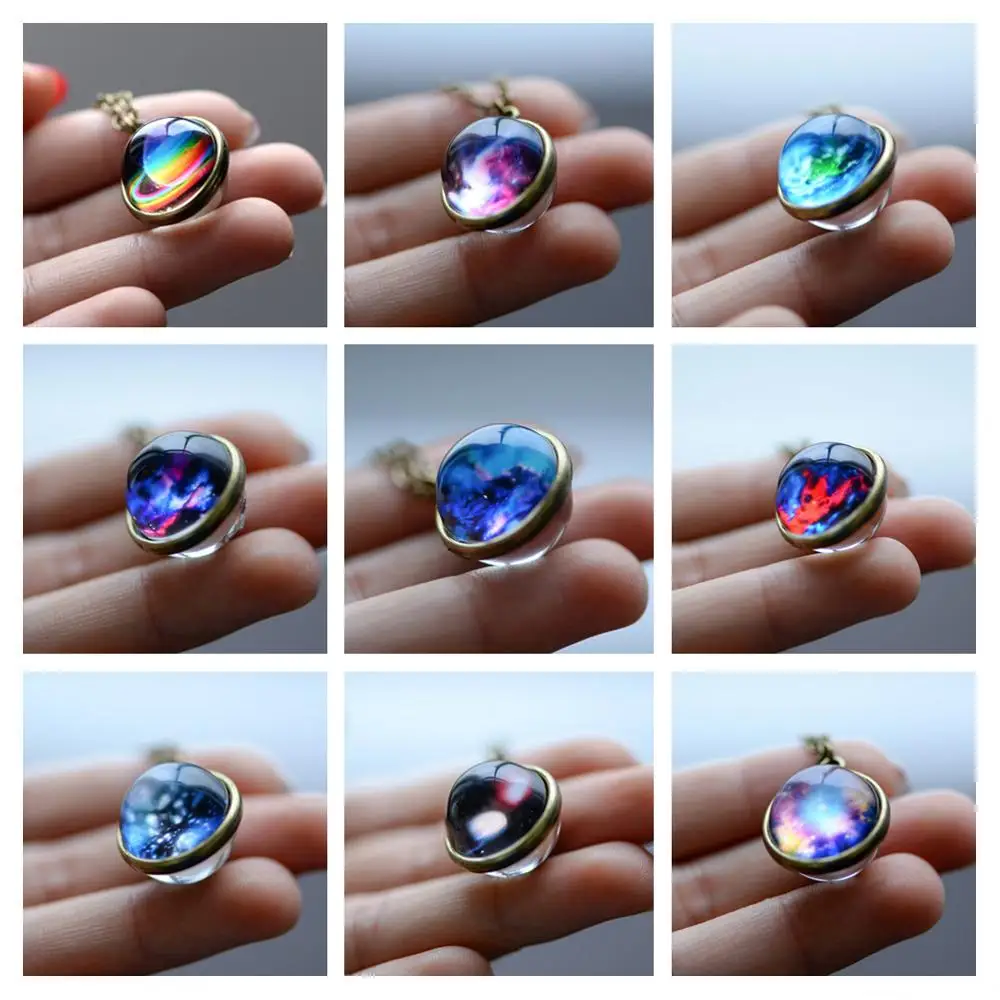 

European and American cross-border jewelry double glass ball solar system universe star necklace pendant
