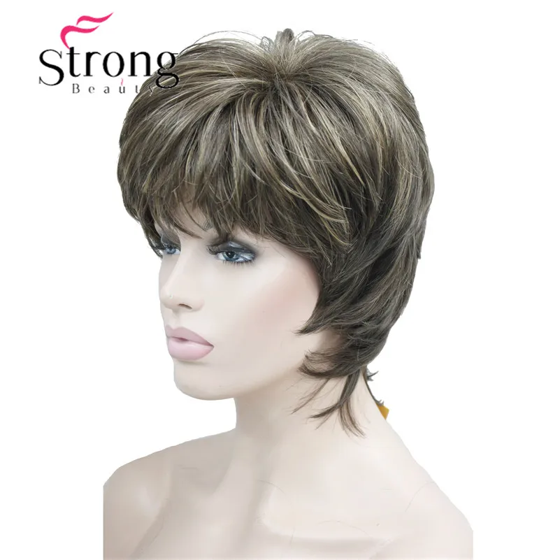 StrongBeauty короткий слоистый коричневый выделенный Shag Классический колпачок полный синтетический парик женские парики выбор цвета
