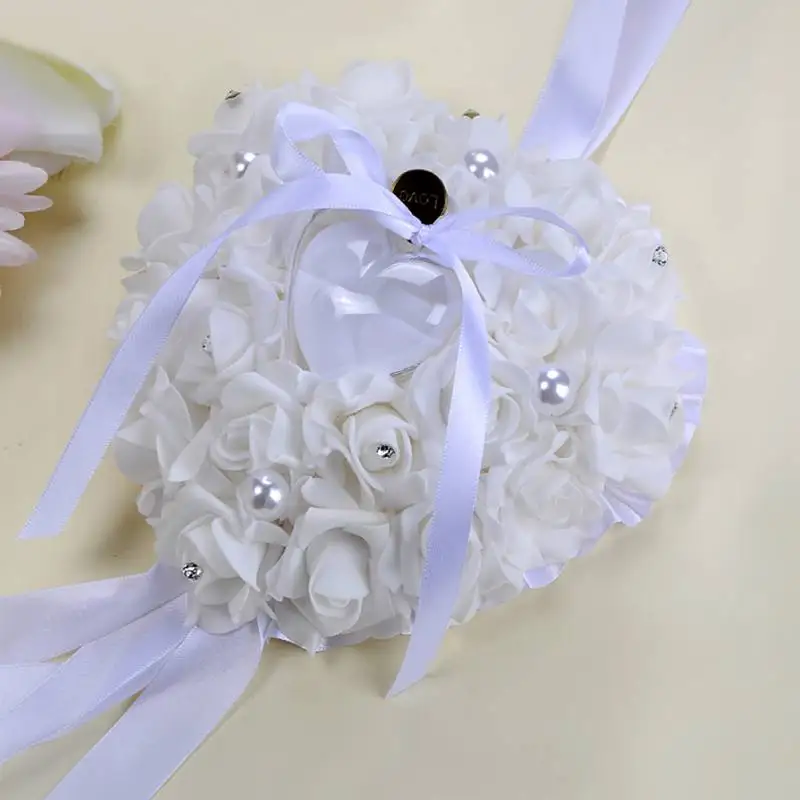 Новая висячая Роза Свадебная подушка в форме сердца свадебное кольцо коробка шелковая ткань Роза Кристалл поддельный жемчуг Декор кольцо держатель Свадьба - Цвет: 1