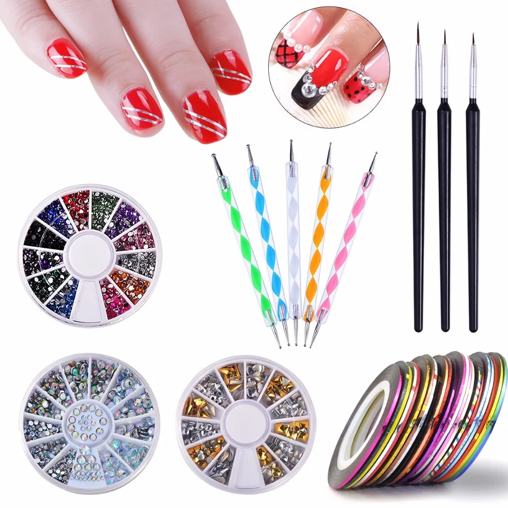 3D Nail Rhinestones + Mixed Colors Nail Rolls Striping Tape Line