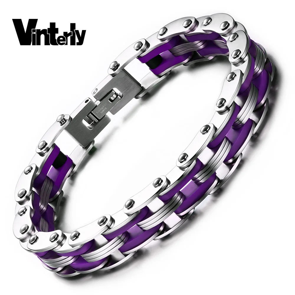 

Vinterly Punk Style Stainless Steel Bracelet Men Jewelry Purple Silicone Biker Bicycle Chain Bracelets For Male