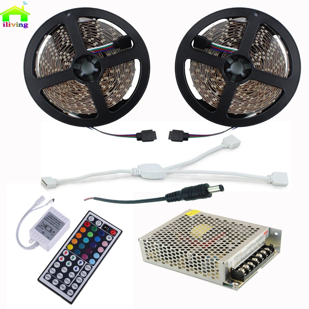 cheap 10M Waterproof LED Strip 5050 RGB Changeable Color Flexible Tape With 44 Key Remote Controller + AC110V 240V DC12V Power Supply