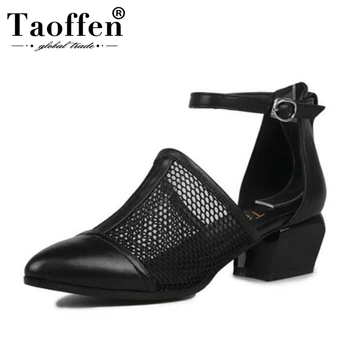 

TAOFFEN Brand New Size 34-40 Genuine Leather Black Women Shoes Fashion Woman Sandals Nature Cow Leather Black Party Shoes