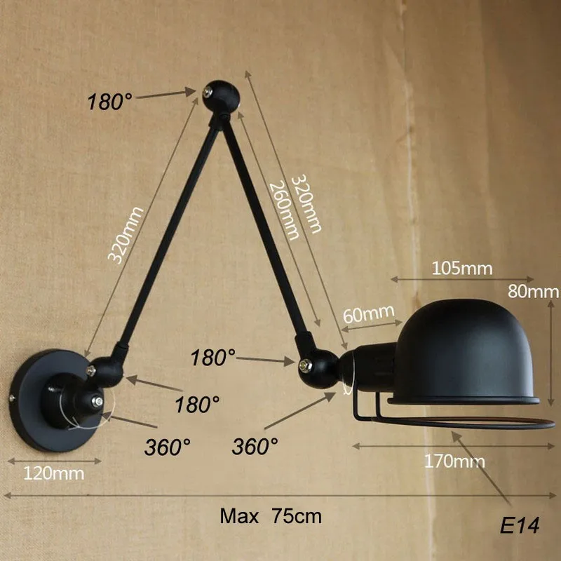 E14 винтажная лампа Jielde черный металл 2 руки промышленный настенный светильник в стиле лофт настенный светильник