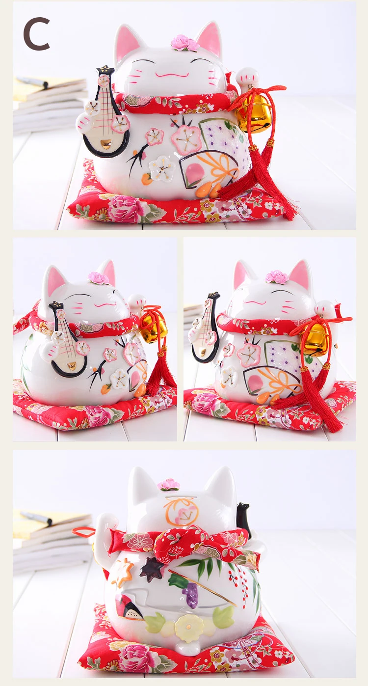 8 дюймов керамика Maneki Neko орнамент розовый белый lute дизайн Lucky Cat Копилка фигурка домашний декор Фортуна кошка с колокольчиком