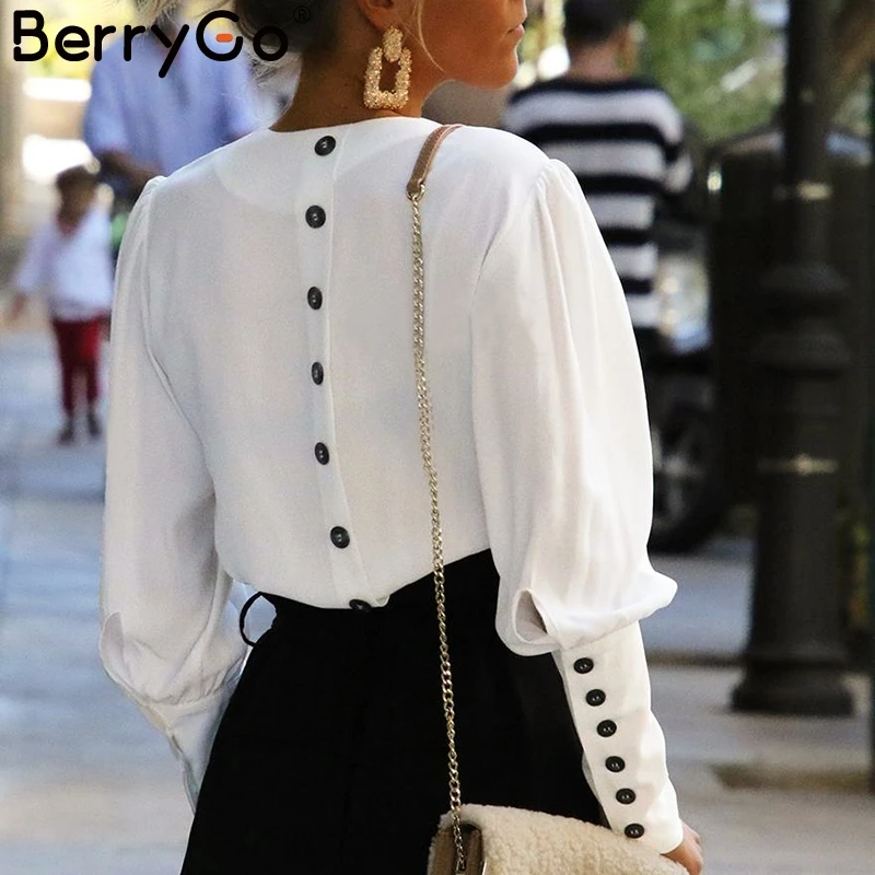 Berrygo Puff Sleeve Women Blouse Shirt Button White V Neck Tops Spring ...