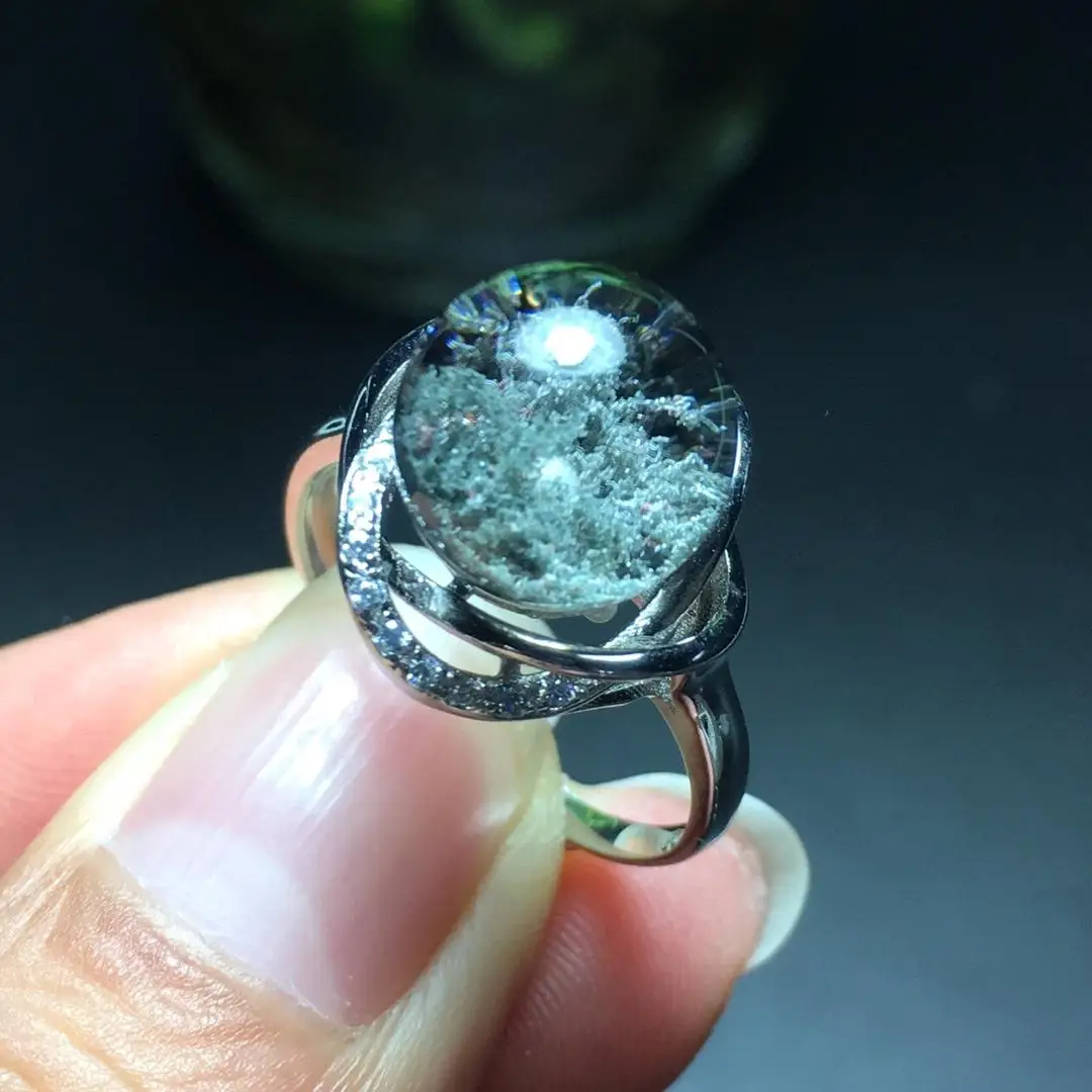

10.5mm Natural Green Phantom Stone Ring Quartz Crystal Adjustable Ring 925 Silver for Woman Man Gift AAAAA Stone