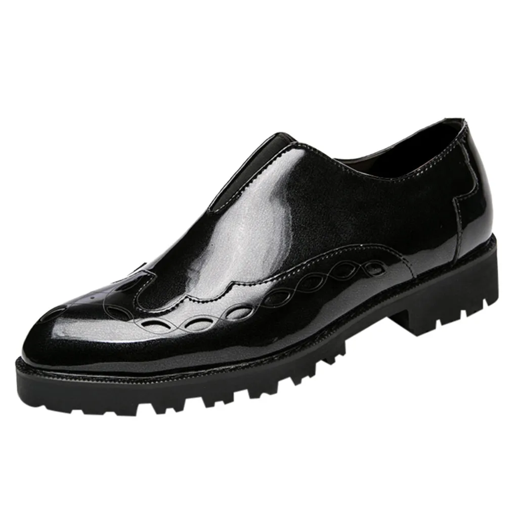 Black Men's Leather Shoes Business Pointed Toe Spot Paint Flats Solid Color Low-heel Male Without Shoelace Shoe zapatillas hombre - Color: Black