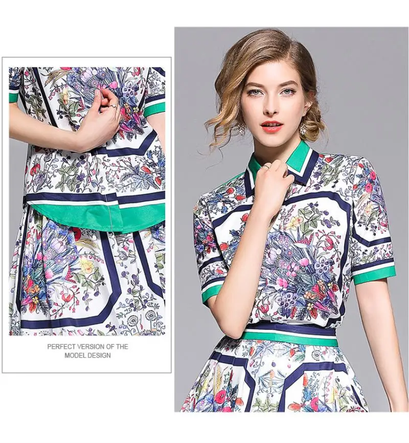 European women's wear 2018 The new summer With short sleeves lapel Stripe edge Floral print shirt + Pleated skirt  printing suit