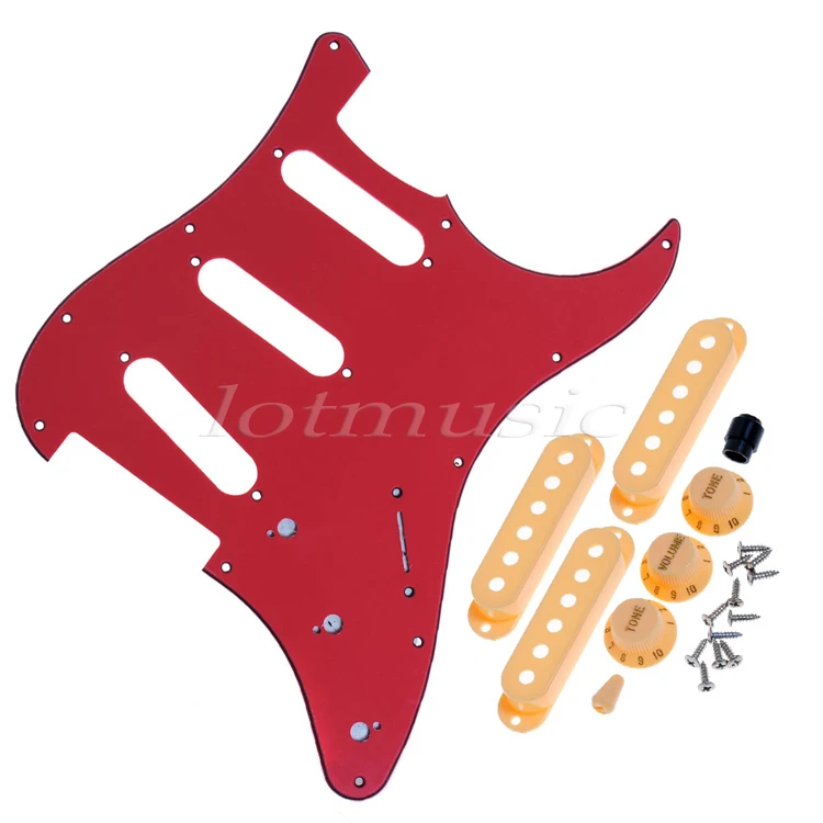 Red Guitar Pickguard Set 3ply PVC+3 Single Coil Pickup Covers+Knob