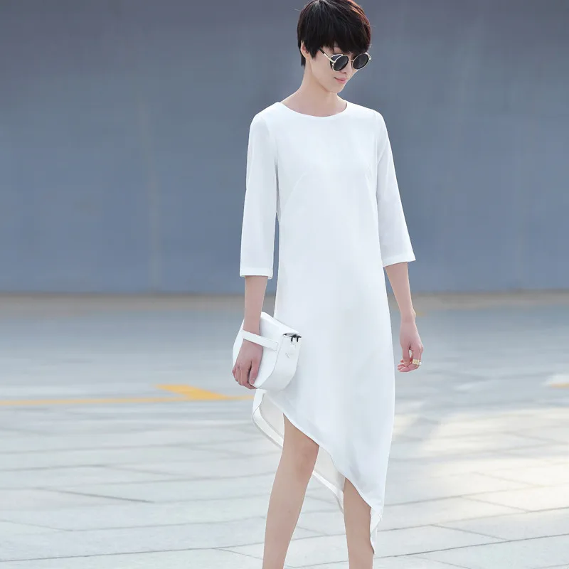 

Customize simple style new summer three-quarter Sleeve O-neck Chiffon Dress irregular Inclined hem loose elegant dresses