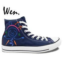 Вэнь оригинальные окрашены вручную обувь дизайн пользовательские мультфильм музыка гитара улыбающееся лицо Мужские Женские темно синие высокие холщовые кроссовки