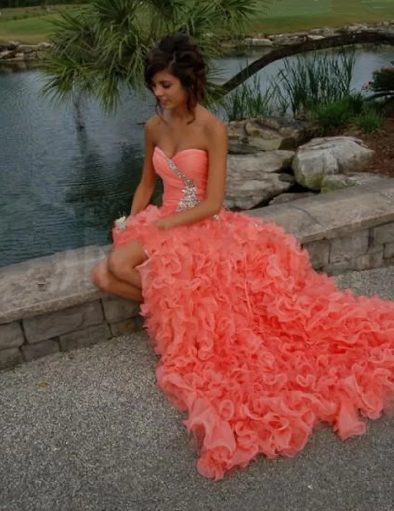 Hot Sale High Low Coral Prom Dresses Sweetheart Beading Pleated Ruffles