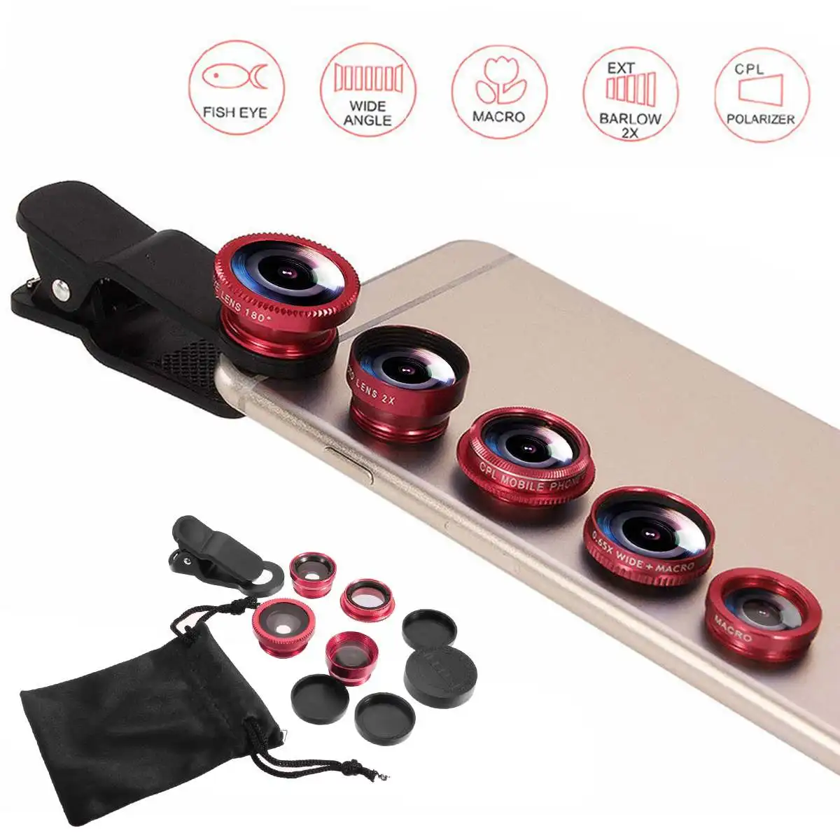

5 in 1 Wide Angle Macro Fisheye Lens Camera Kits Mobile Phone Fish Eye Lenses with Clip for iPhone for Samsung All Cell Phones