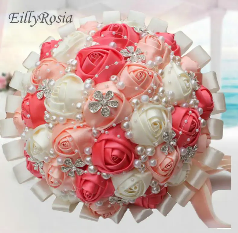 Satin Rose Wedding Bouquet Bridal Bridesmaid Aartificial Flower Ribbon Pearl New Satin Rose Wedding Bouquet Bridal Bridesmaid Aartificial Flower Ribbon Pearl New