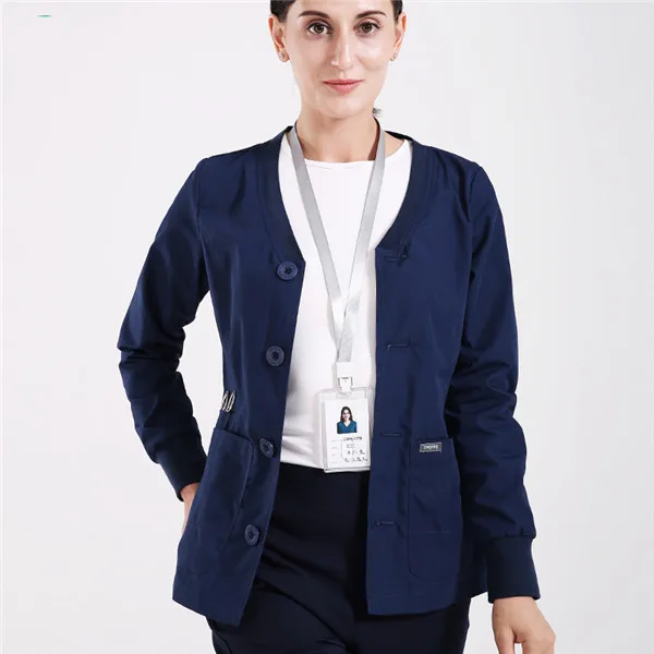 Kinetic Мужская и Женская куртка с эффектом потертости, Униформа, топы для кормящих, с длинным рукавом, v-образный вырез, медицинская одежда, теплые пальто для медсестры - Цвет: Deep Navy Buttons