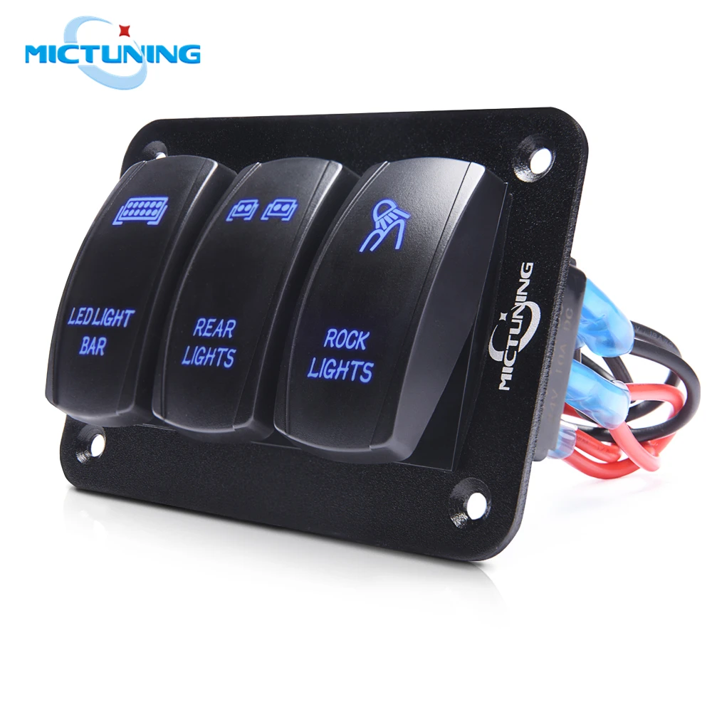 

MICTUNING 3 Gang Led Light Bar Rocker Switch Panel 5 Pin ON-Off Toggle Rear Light Switch Control Panel 12V 24V w/ Blue LED Light