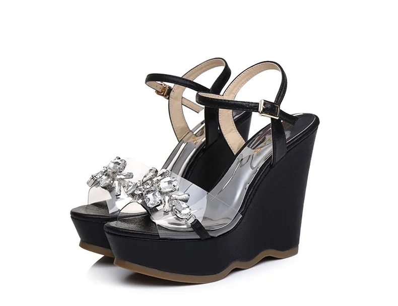 41_2016 New Gold Platform Wedges Sandals Female Summer Sandal Silver Heels Rhinestone Buckle Transparent Casual Shoes For Woman