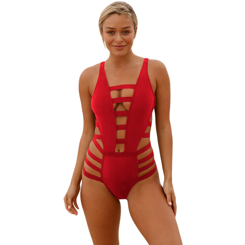 Red PLUSLAND летние пикантные Для женщин Сплошной Цвет Strappy вырез Одна деталь ванный комплект глубокий v-образный вырез Молния сзади выдолбленные купальник - Цвет: Red