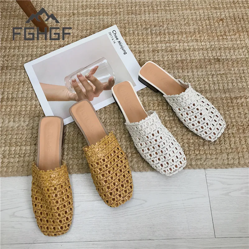 

Women Mesh Straw Mules Square Toe Slippers Vintage Slides Lady Summer Flats Slip On Shoes Casual Beach Flip Flops Sandals