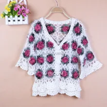 Новинка, горячая распродажа, Модный женский свитер ручной работы с розами, рукав «четверть», вязаный крючком свитер, Белый 8588