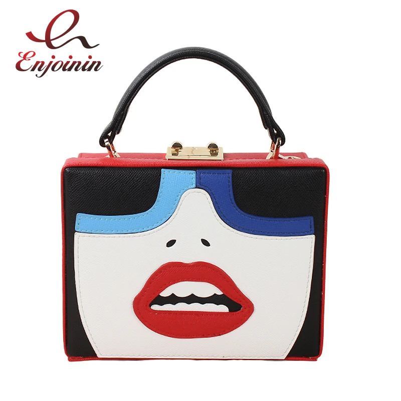 

Good quality fashion design sexy red lips woman fun personality pattern pu leather box bag ladies handbag mini messenger bag