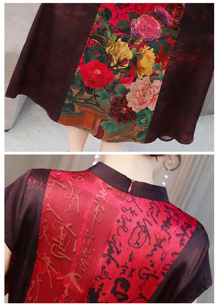 Шелковое женское платье, летнее, новое, сшитое, с принтом, cheongsam, с коротким рукавом, платья большого размера, L-4XL, высокое качество, вечерние платья