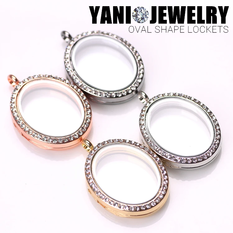

10pcs/lot Newest 4 Colors Oval Floating Locket with Crystal Alloy Megnetic Glass Lockets with free Chains