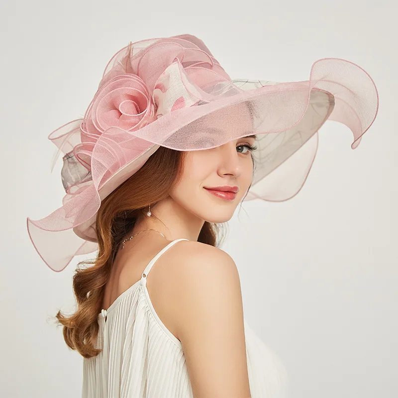 

New Ladies Fashion Organza Hat Multi-color Optional Personalized Embroidery Caps Spring Summer Sun hats Wide Brim Crimping Hat