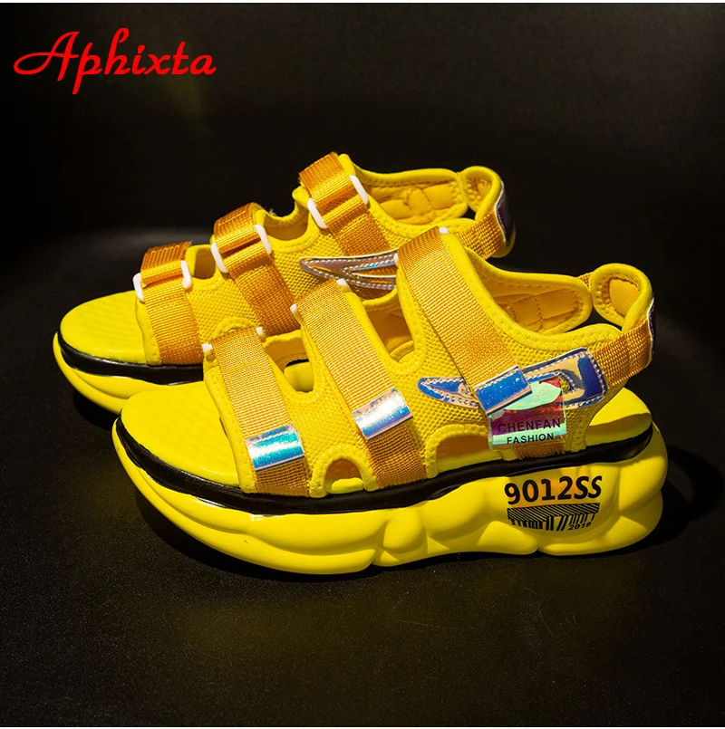 Aphixta Thick Sole Platform Sandals Women Shoes 5cm Wedge High Heels Letters Canvas Summer Yellow Beach Shoes Chunky Sandals