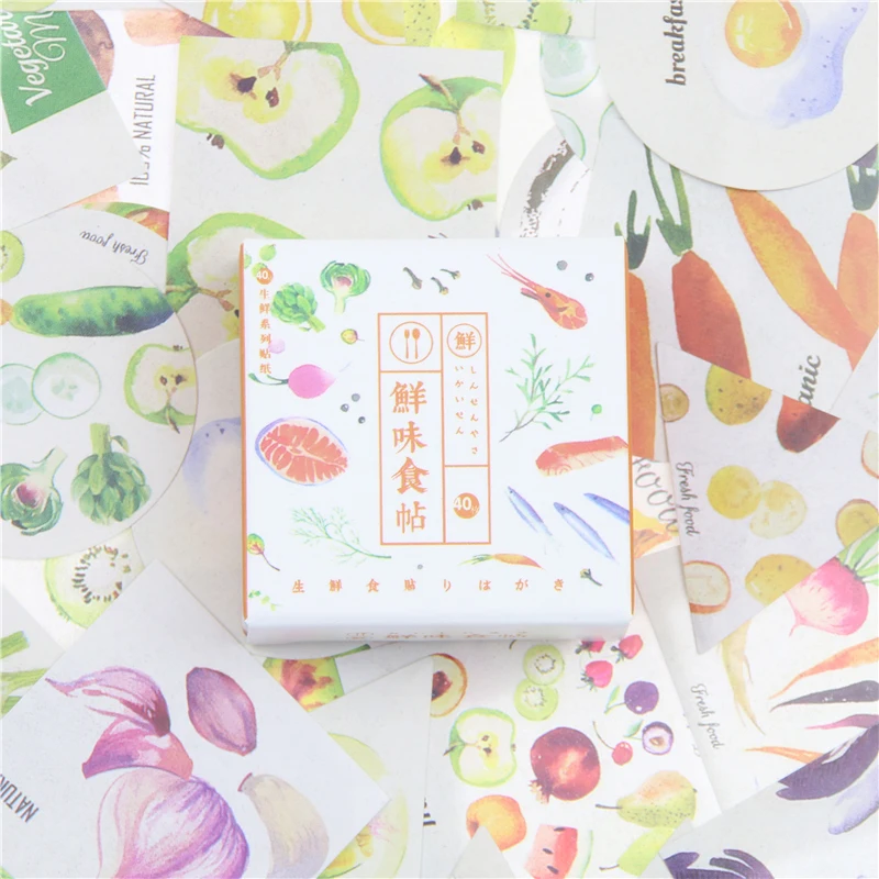 40 Pcs pack Fresh Vegetable Meat Fish Fruit Food Illustration Decoration Stickers Diy Diary Scrapbooking Label